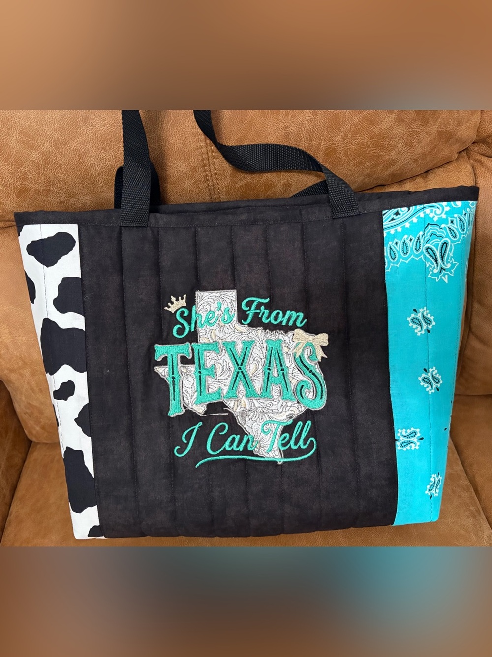 She’s From Texas I Can Tell Tote Bag with Turquoise Bandana and Cow Print